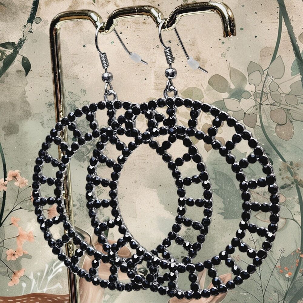 Black Rhinestone Dangle Fashion Earrings Pierced Classic Wheel Geometric Retro - Picture 12 of 12